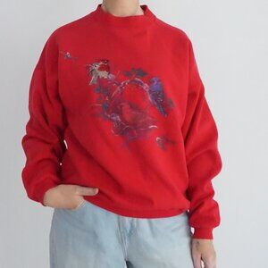 Vintage Northern Reflections Red Songbird Berry Branch Wildlife Nature Sweater L